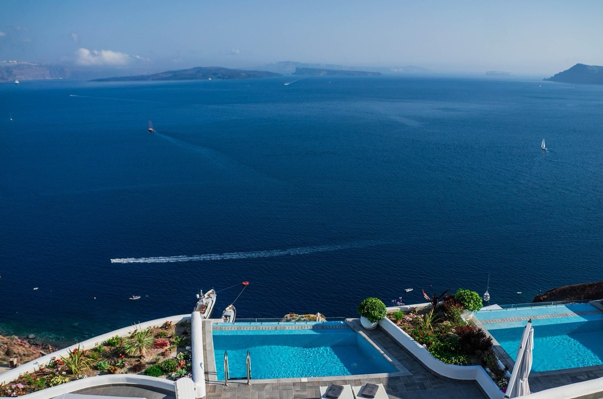 Santorini white building with blue sea