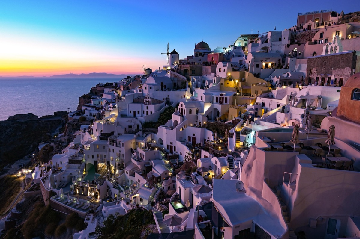 Santorini white building at sunset