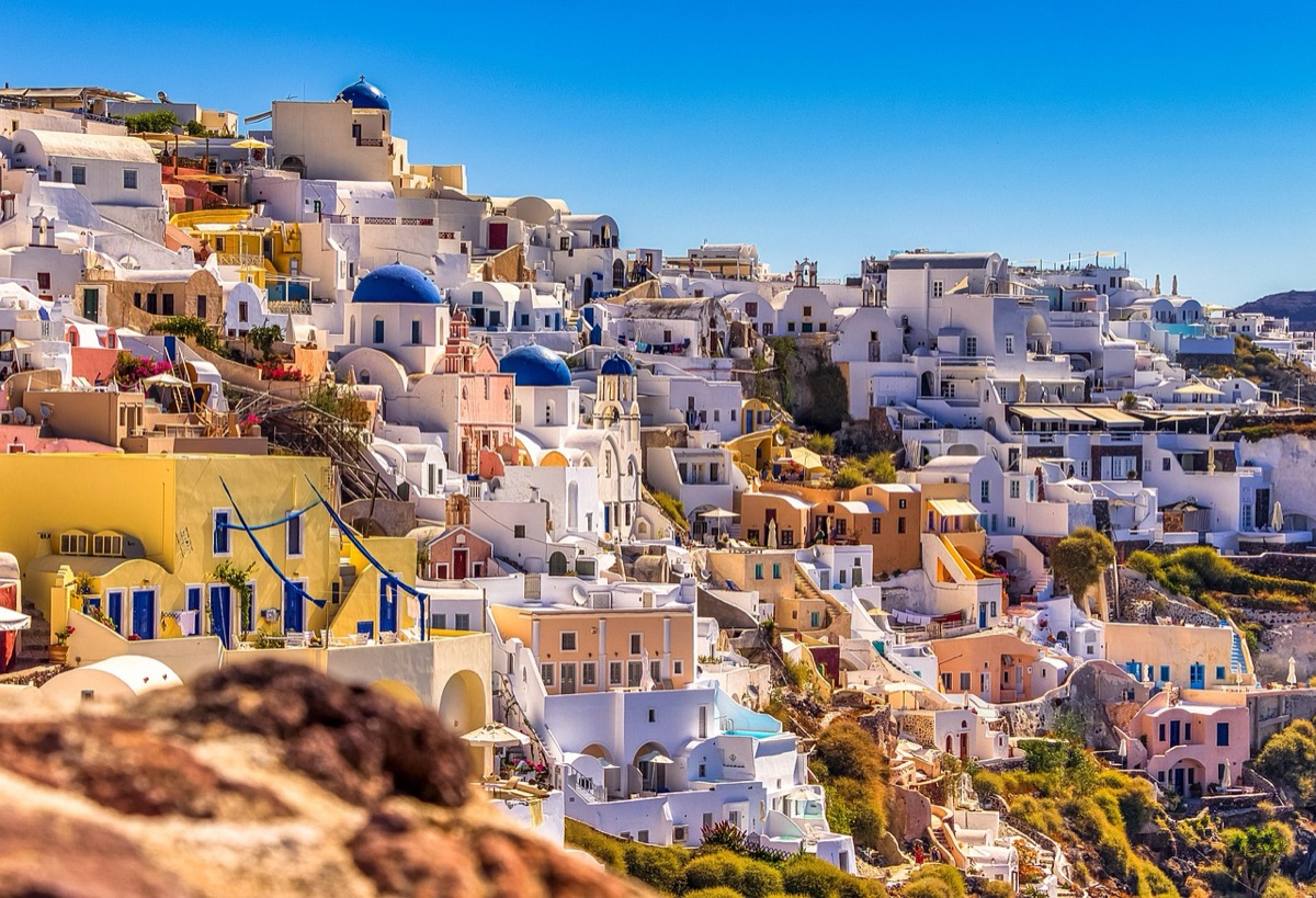 Santorini sunset with white buildings