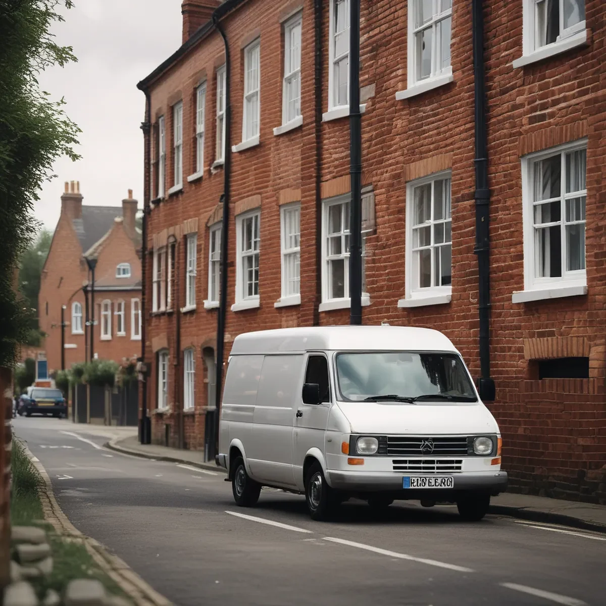 Une camionnette de livraison blanche circulant sur une rue urbaine pavée